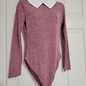 Women Long Sleeve Peter Pan Collar Bodysuit Dusty Pink Size S NEW